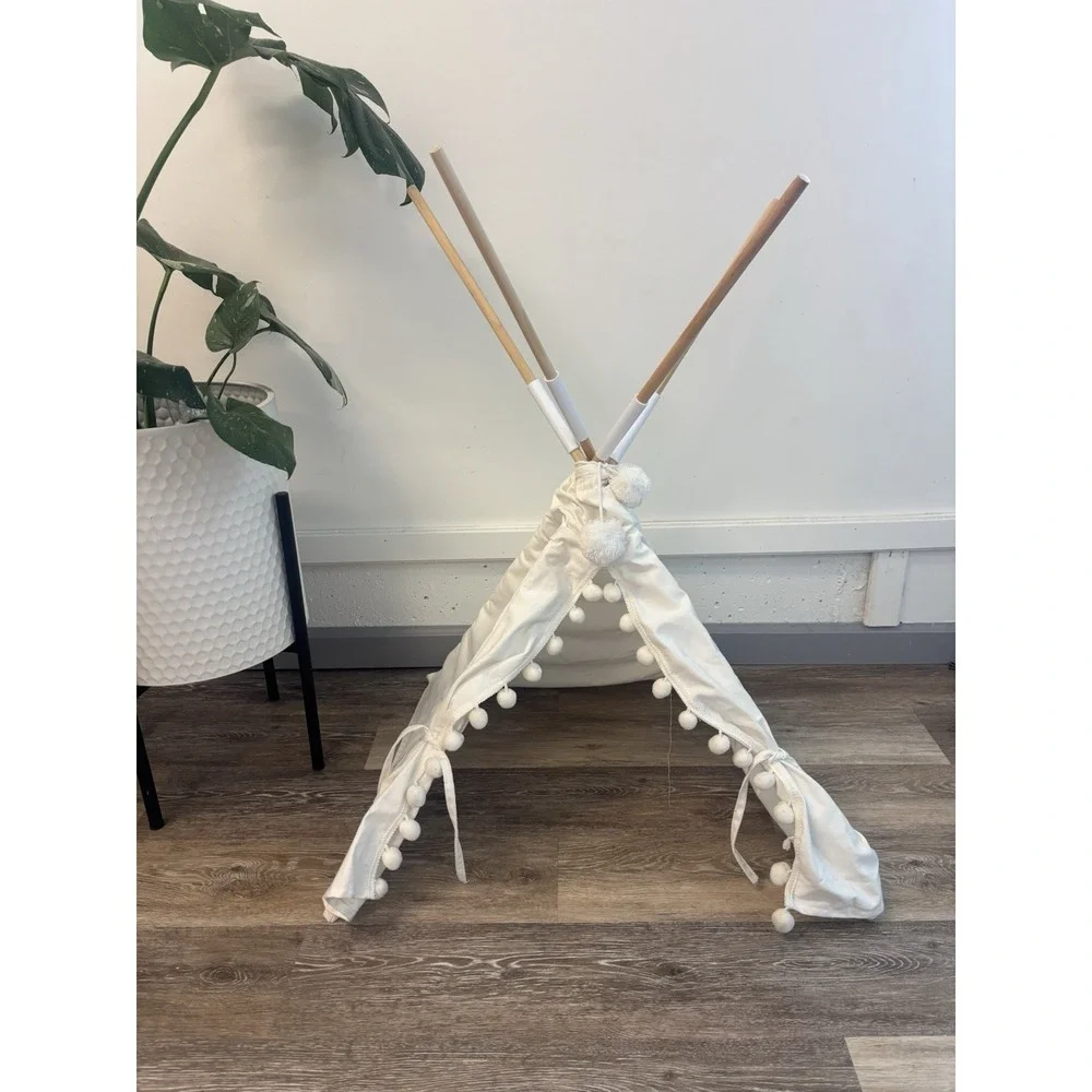 Boho Pet Teepee Tent with Plush Cushion for Small Dogs and Cats Cream Canvas